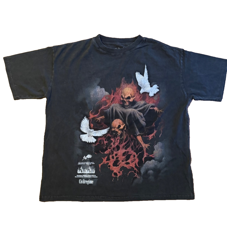 CIVIL REGIME SIZE 2XLARGE FLAMING SKULL & DOVE GRAPHIC TEE DARC