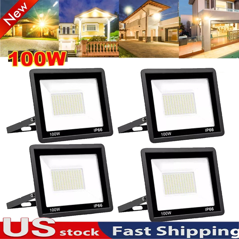 100W LED Flood Light Garden 4 Pack Outdoor Lamp Yard Security Spotlight Fixtures