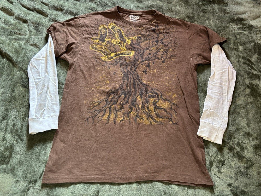Animal Planet Shirt Mens Large Brown Long Sleeve Bald Eagle Tree Of Life TNT