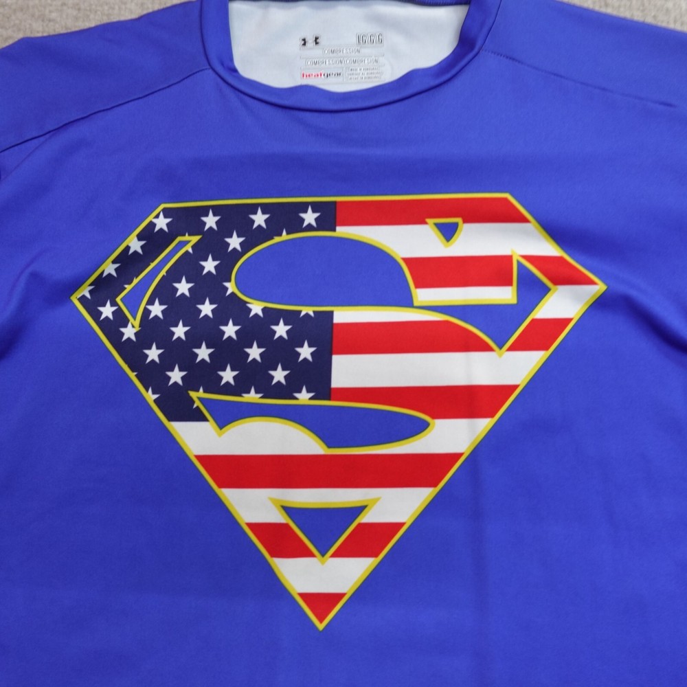 Under Armour Superman Shirt Large Blue Compression Man of Steel American Flag