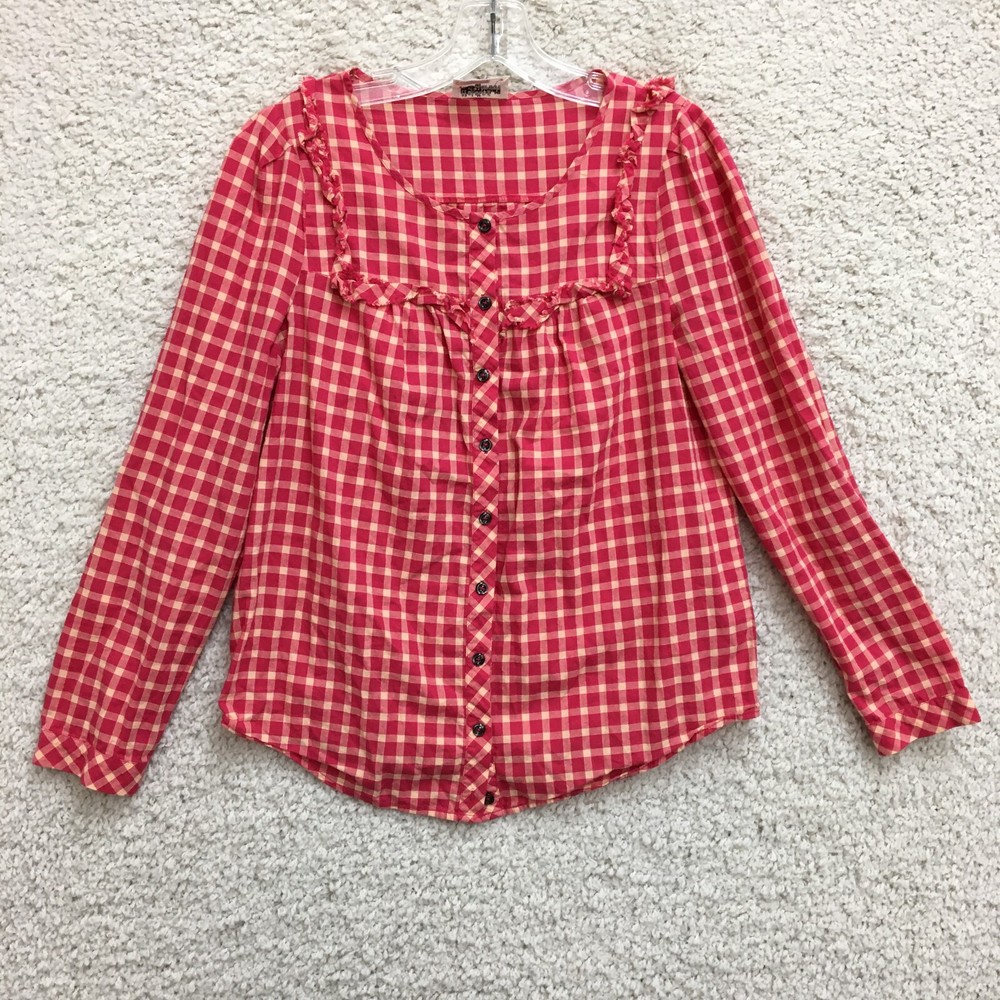 Holding Horses Top Shirt 4 Adult Pink Plaid Long Sleeve Button Up Ruffle Womens