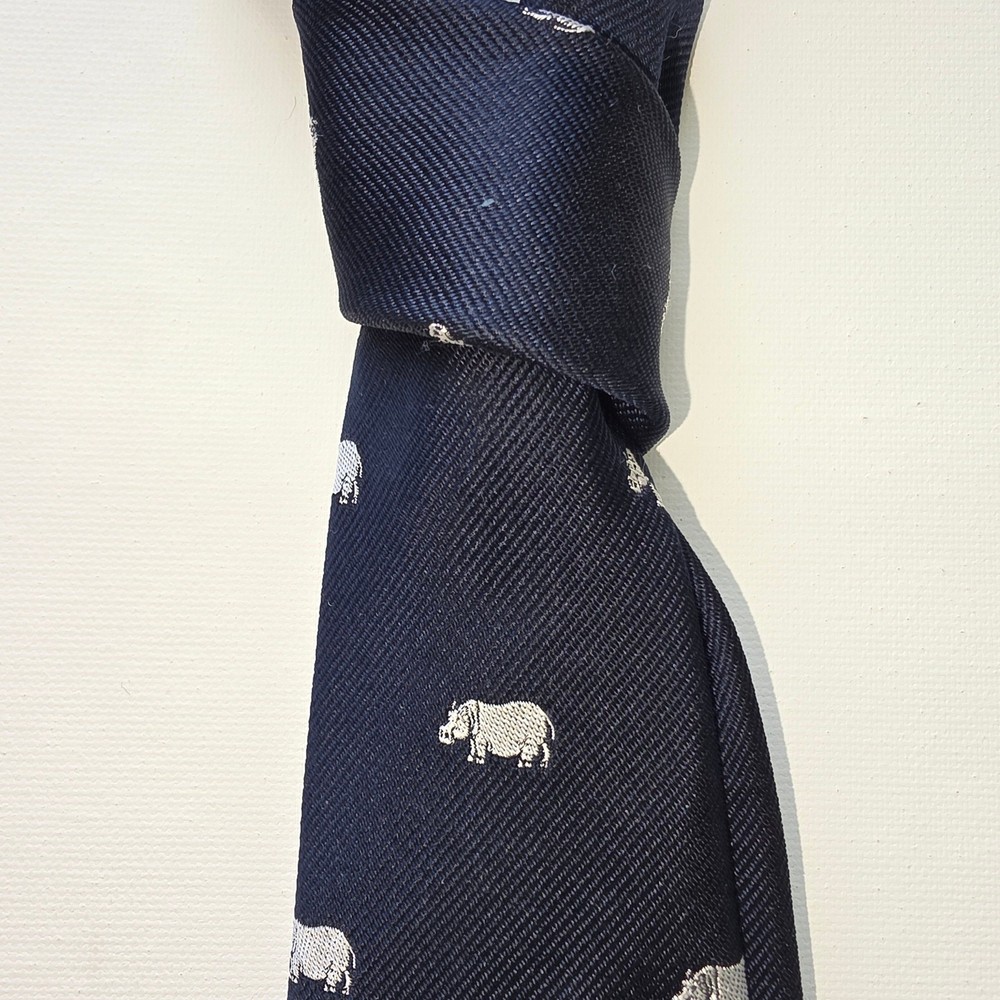 J. Press Burlington Knot Mens Silk Tie Navy Blue Hippo Animal Pattern Necktie