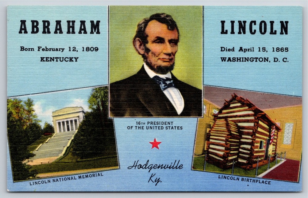 Hodgenville KY~Lincoln Portrait Brthplace & Memorial~Vintage Linen Postcard