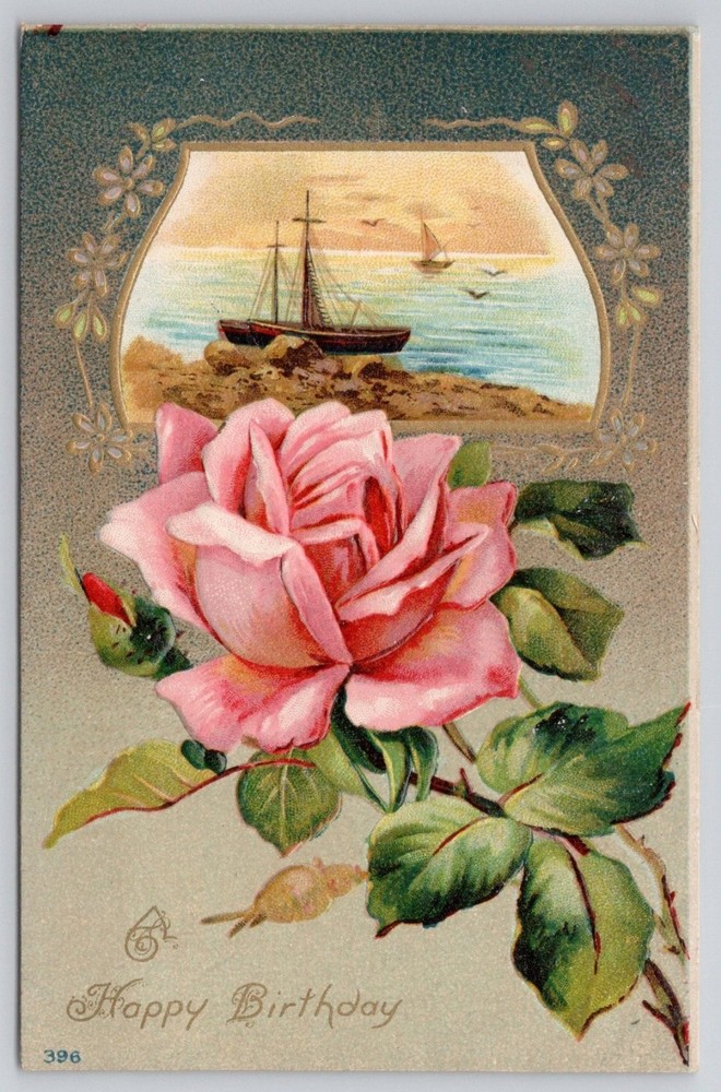 Vintage Embossed Pink Rose Seascape Happy Birthday Postcard Divided Back