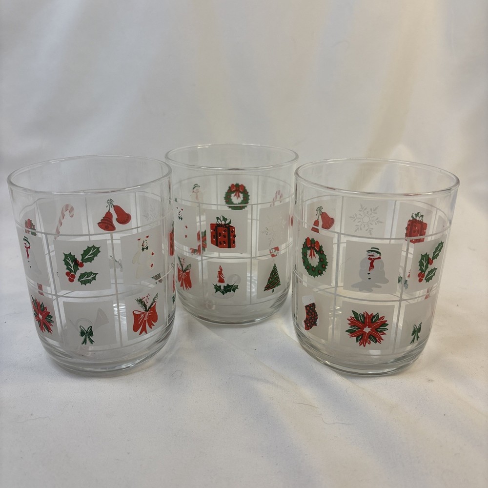 3 Libbey Vintage Frosted Christmas Old Fashioned Rocks Tumblers Glasses