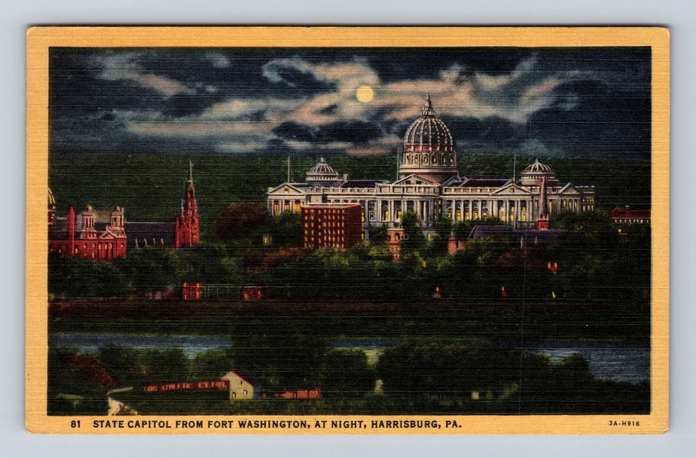 Harrisburg PA-Pennsylvania, State Capitol At Night, Moonlight, Vintage Postcard