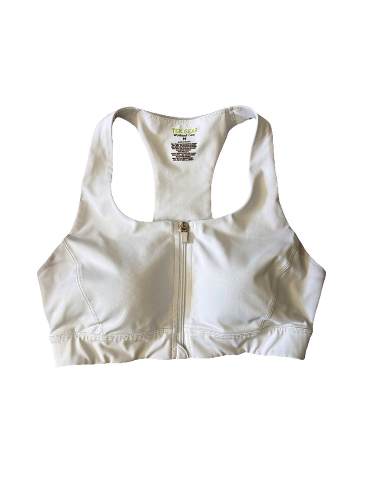 Tek Gear Women's White Zip Up Medium Support Sports Bra Size Medium