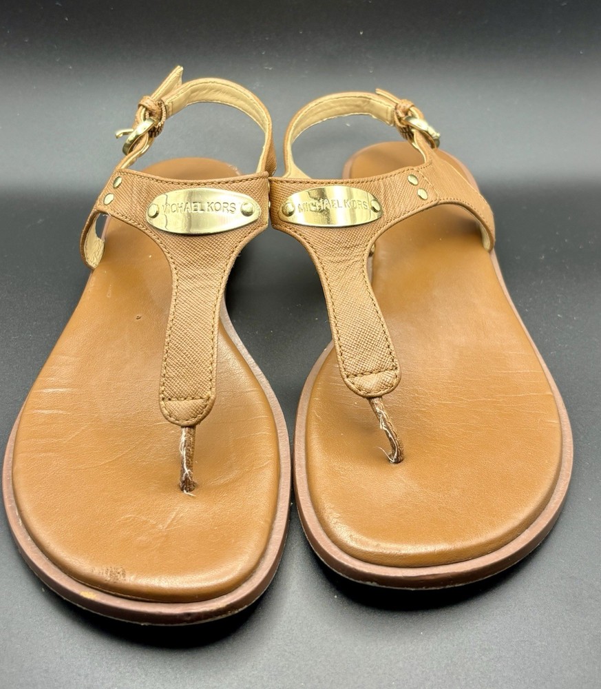 Michael Kors Women's 7 1/2M MK Gold Plate Thong Sandals Brown Sling back