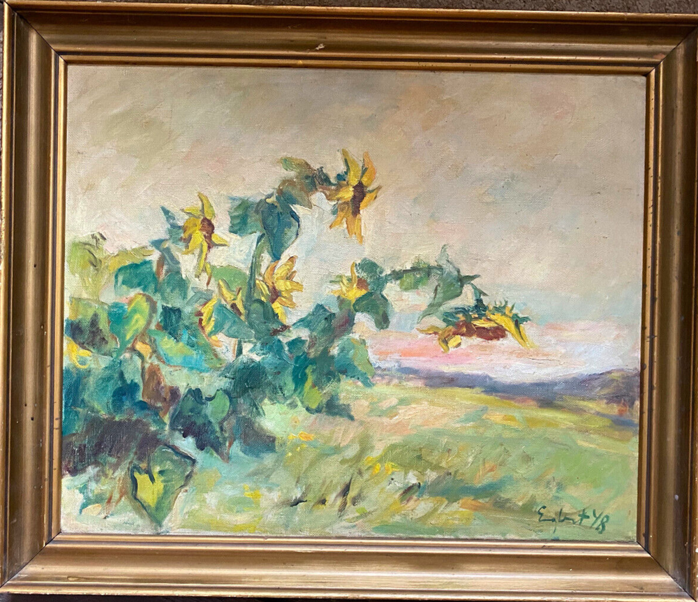Oil painting signed Engbert 1948 Sunflower on field landscape at sunset
