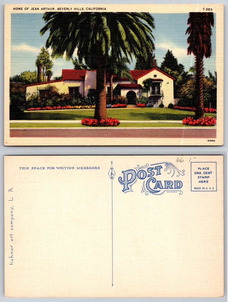 Jean Arthur Home Beverly Hills CA Vintage Linen Postcard Tichnor Art