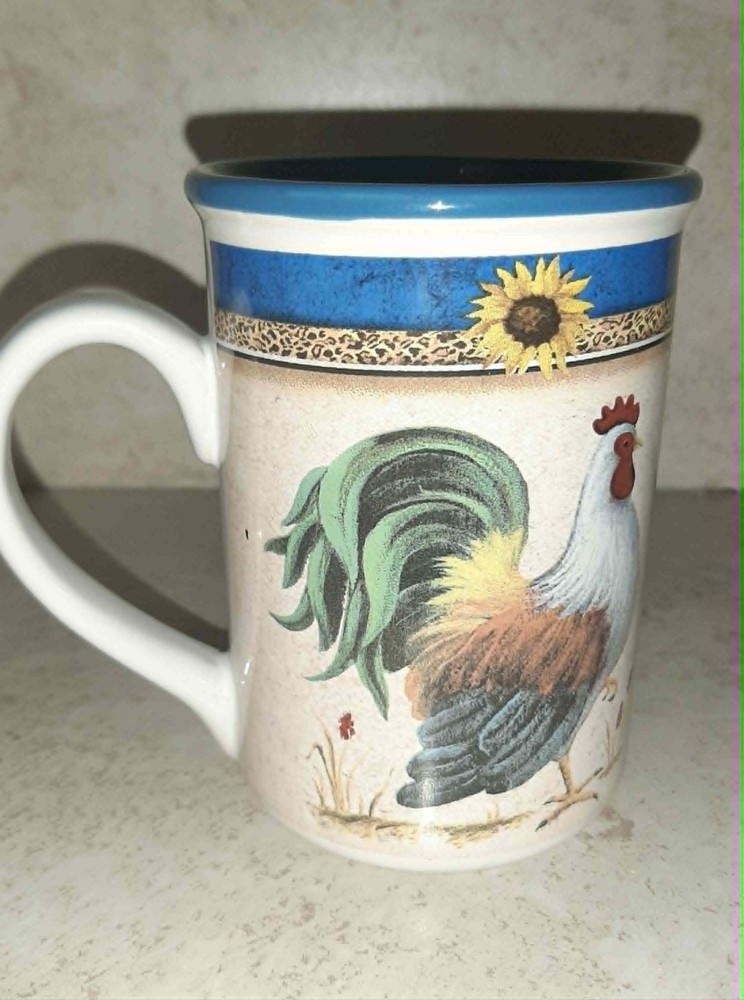Gibson Everyday Blue Rooster Coffee Cup Mug With Sunflower Design