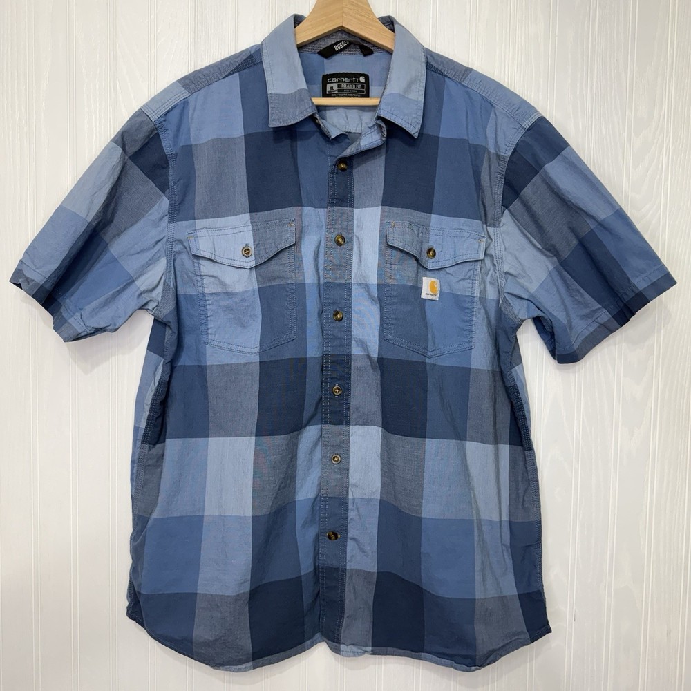 Carhartt Short Sleeve Shirt Blue Plaid Button Down Relaxed Fit Work XL