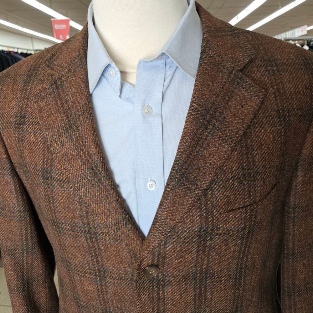 Vintage Tailored Checked Brown Tweed Blazer 44r Duca Visconti Fabric 3 Button 56