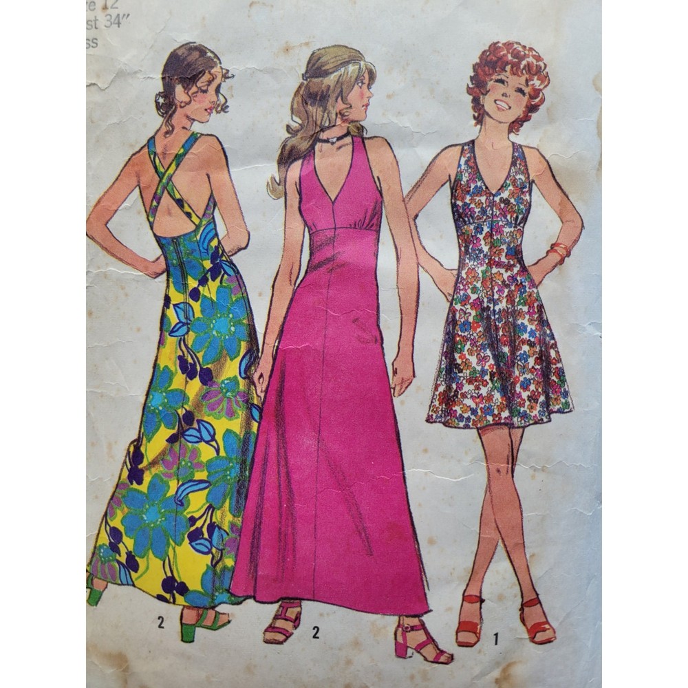 Simplicity 5037 70s Sewing Pattern Halter Maxi Dress Sundress Vtg Sz 12 Bust 34