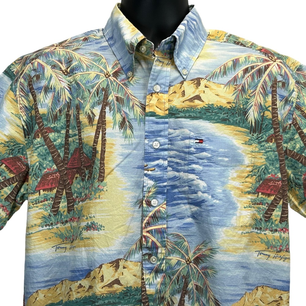 Vintage 2000s Tommy Hilfiger Blue Hawaiian Shirt Mens Medium Y2K Button Up