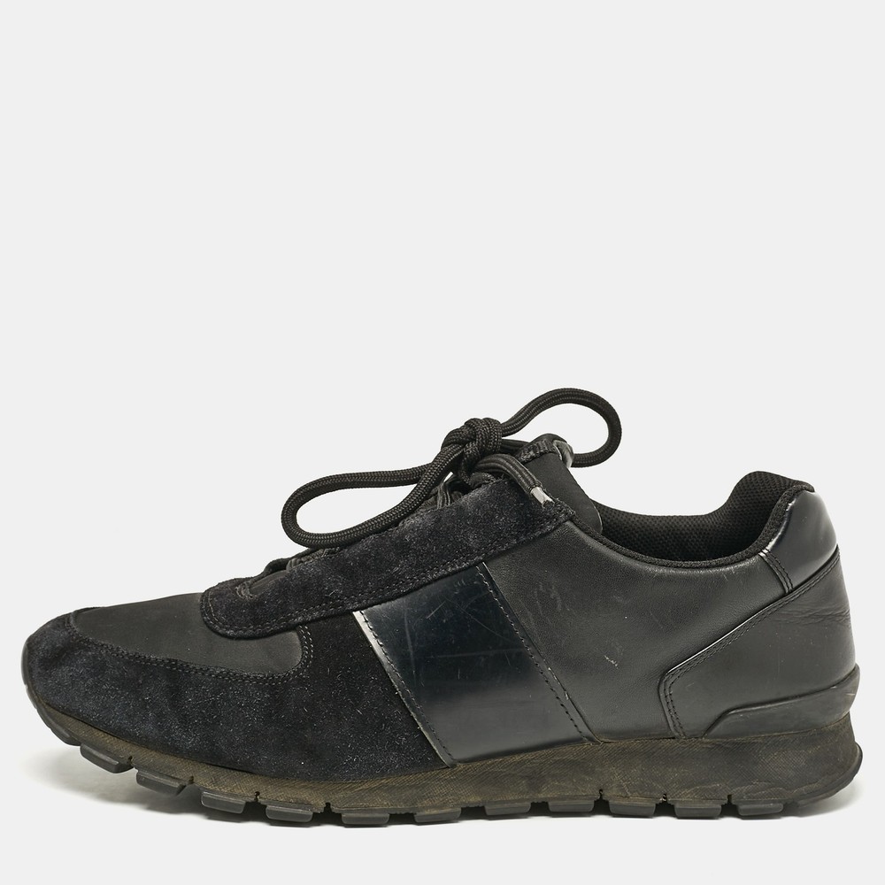 Prada Black Leather Suede Lace-Up Sneakers in Size 44.5