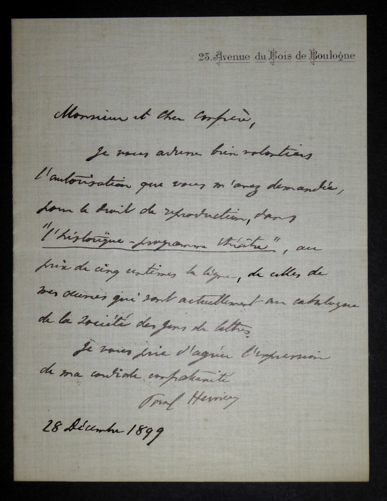 HERVIEU Paul - SIGNED AUTOGRAPH LETTER, HISTORICAL THEATRE PROGRAMME, 1899
