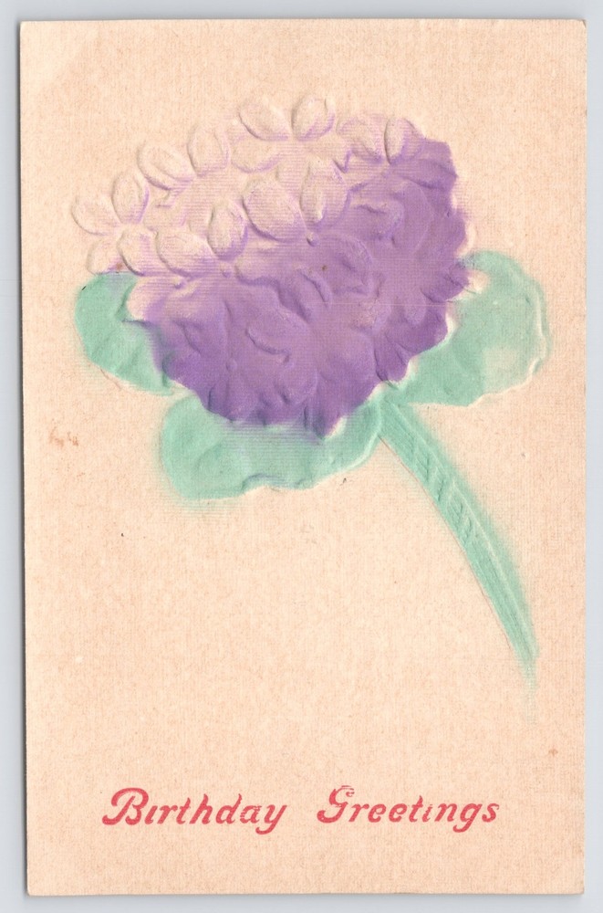 Greetings~Purple Flowers Birthday Greeting~Vintage Postcard