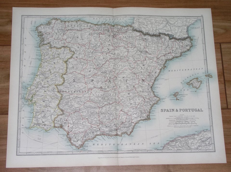 1913 Antique Map Of Spain Portugal Catalonia Balearic Islands Majorca Mallorca