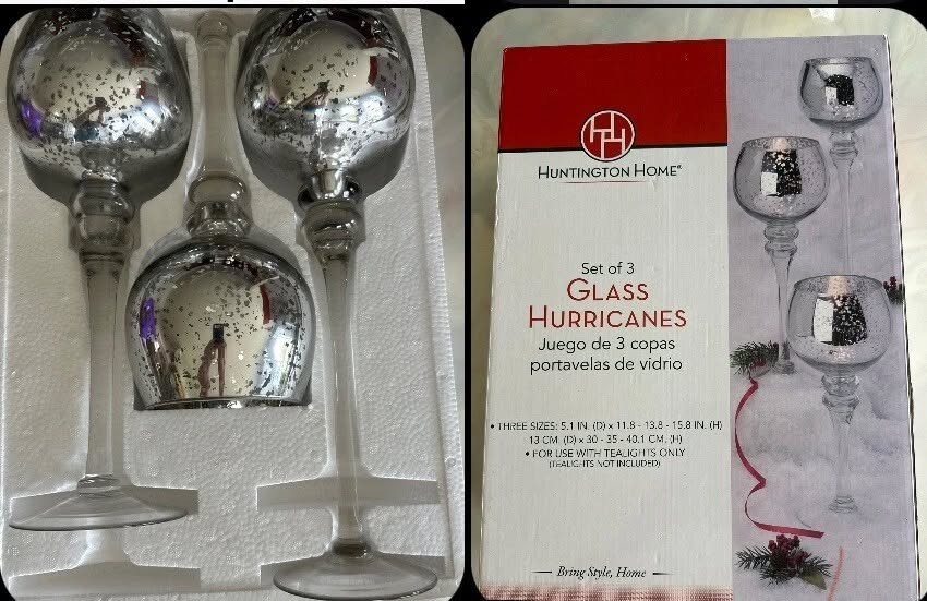 Huntington Home 3 Glass Hurricanes Tealight Candle Holder Holiday Mirror Speck