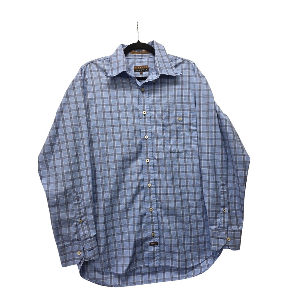 Robert Talbott Mens L Blue Grey Plaid Cotton Long Sleeve Button Down Shirt