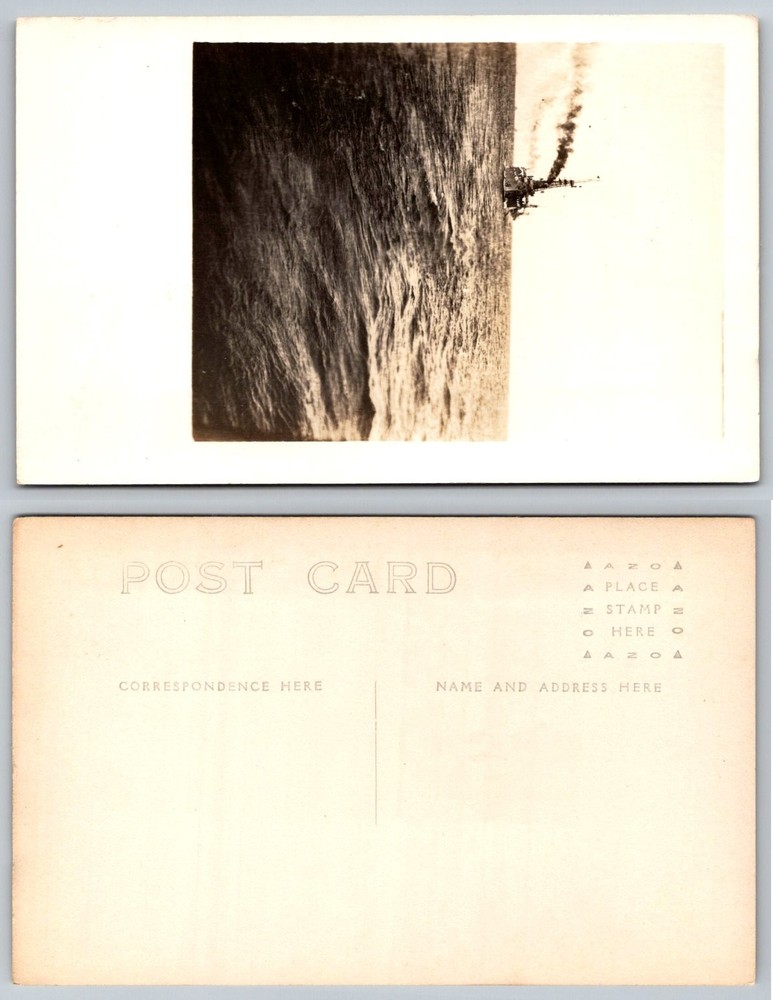 WWI Era Real Photo Postcard RPPC Warship Battleship Ocean Sea Smoke Vintage