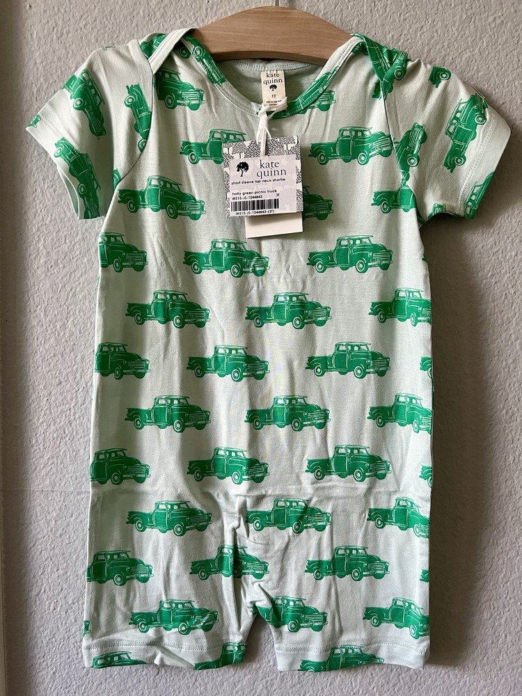 NWT Kate Quinn 3T Bamboo Short Sleeve Lap Neck Shortie Holly Green Picnic Truck