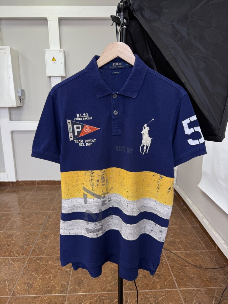 🇺🇸 Vintage Polo Ralph Lauren Yacht Racing Polo T-Shirt Rare size L Multicolor