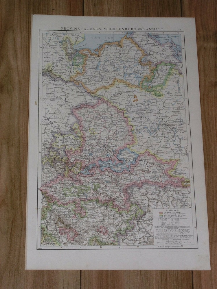 1887 Original Antique Map Of Mecklenburg Saxony Anhalt Berlin  Germany