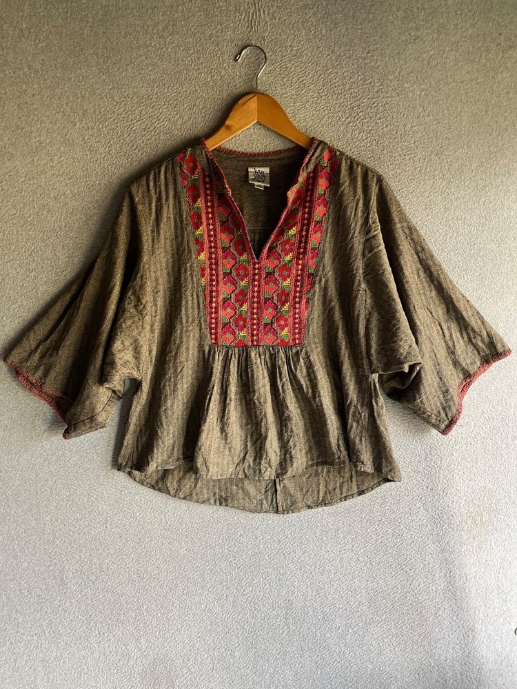 Ivy Jane Blouse Womens XS Floral Embroidery Boho Peasant Hippie Artsy Oversized