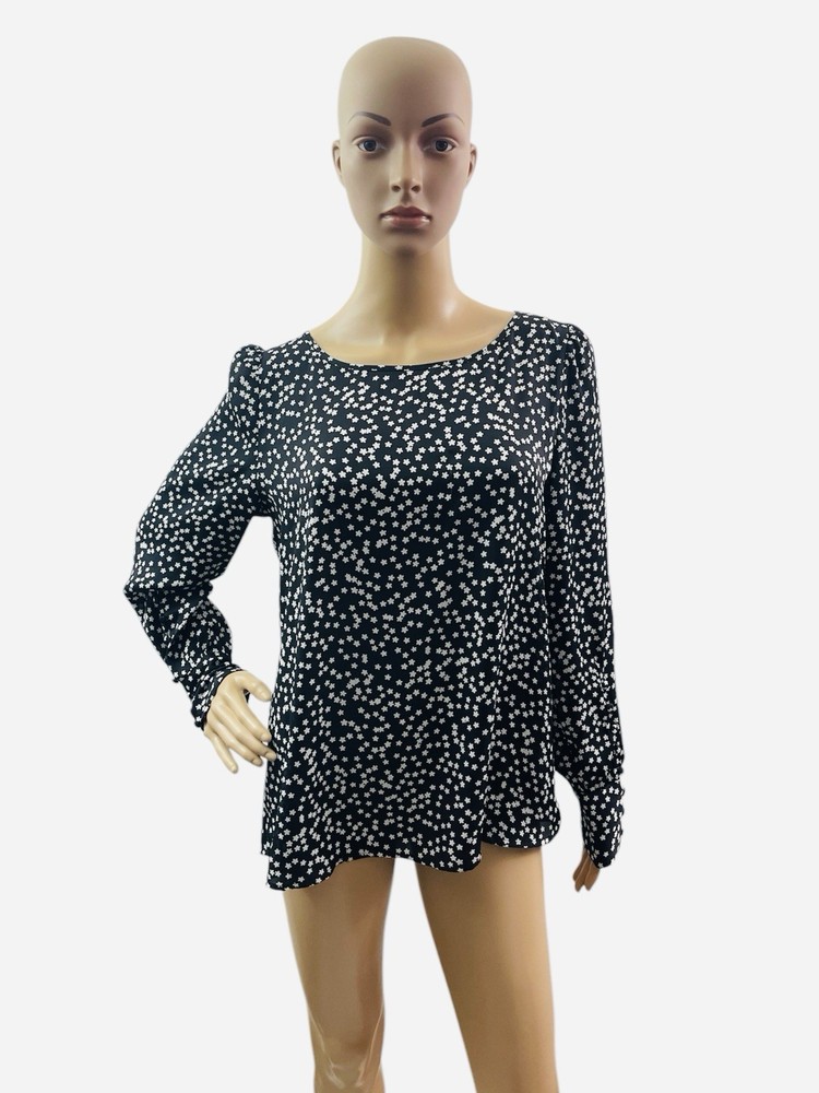 Express Women’s Size Medium Long Sleeve Round Sleeve Black White Floral Blouse