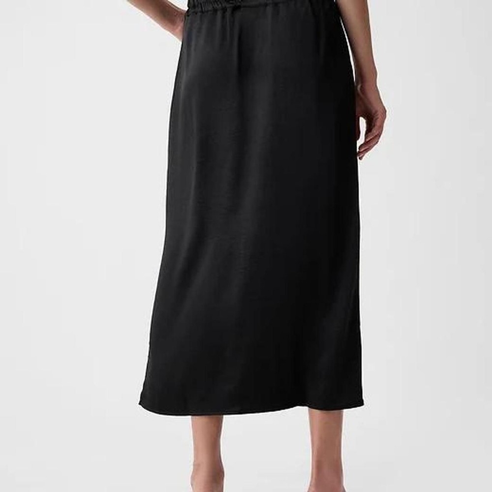 GAP black satin midi skirt waistband side slit Size M