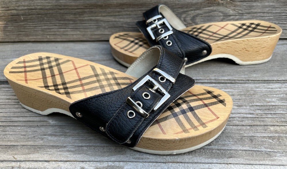 Burberry Brigitte Womens Size 38 US 8 Black Wooden Clog Slide Sandals