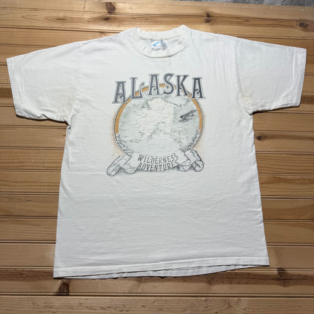 Vintage 90s Alaska Wilderness Adventures Travel Map Nature Graphic T-Shirt - XL