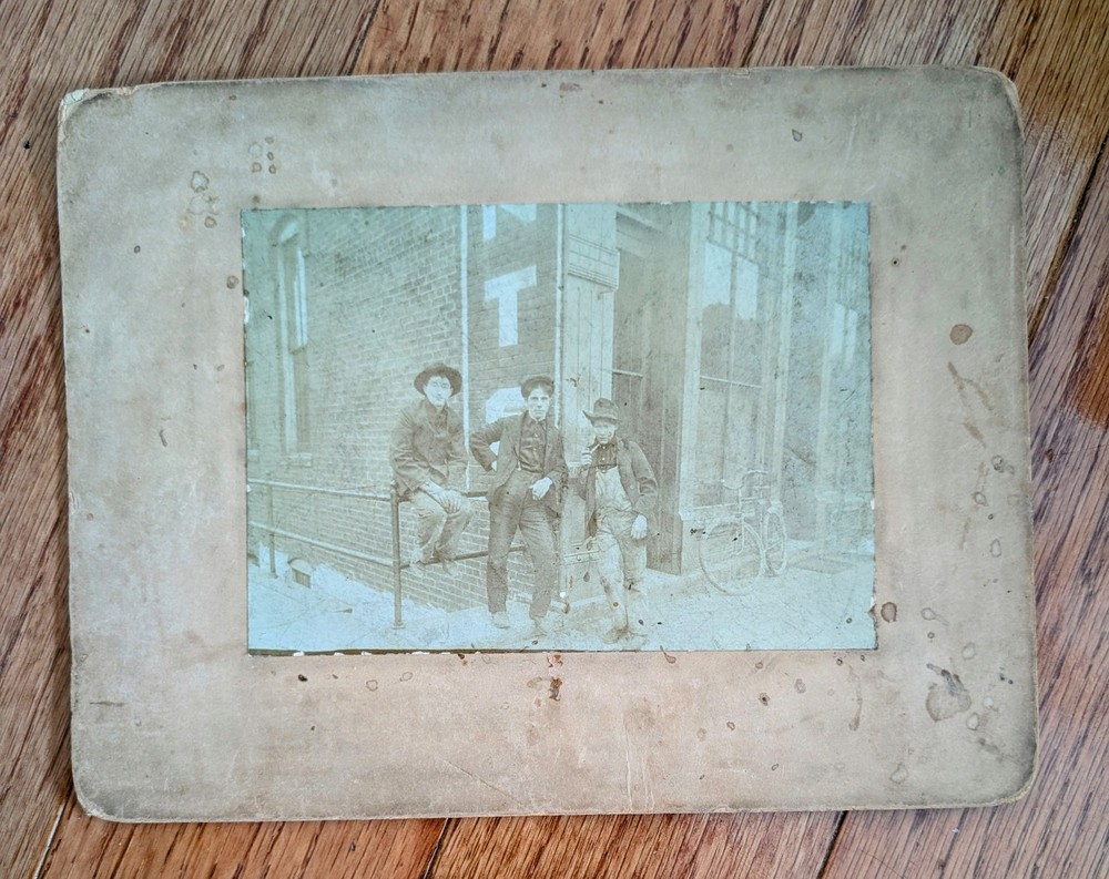 Cabinet Card Photo Boys Loafing Bicycle