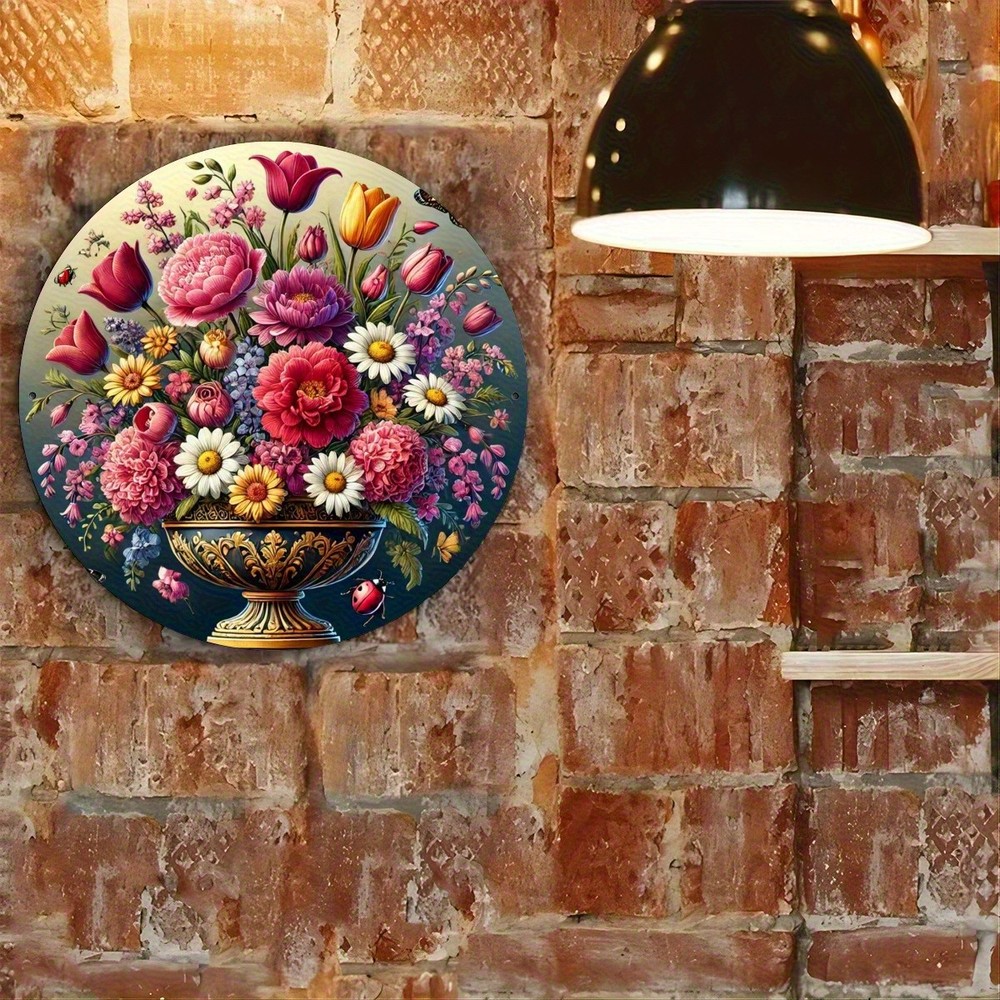 Floral Round Metal Wall Art with Tulips Roses Aluminum Sign Home Decor
