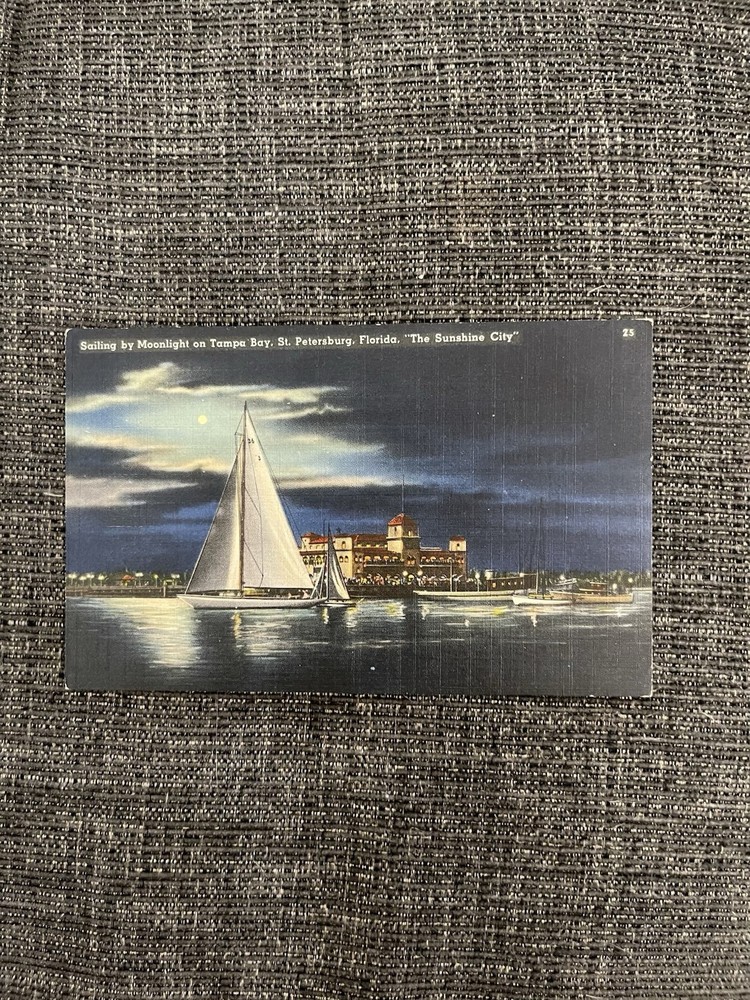 Vintage Linen Postcard St. Petersburg, FL~ Sailing By Moonlight On Tampa Bay