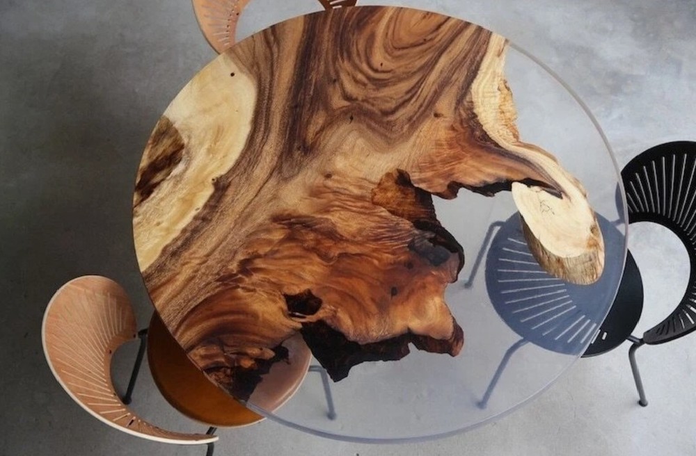 Handmade Round Epoxy Resin Dining Table Top - Live Edge Wood River Table Custom