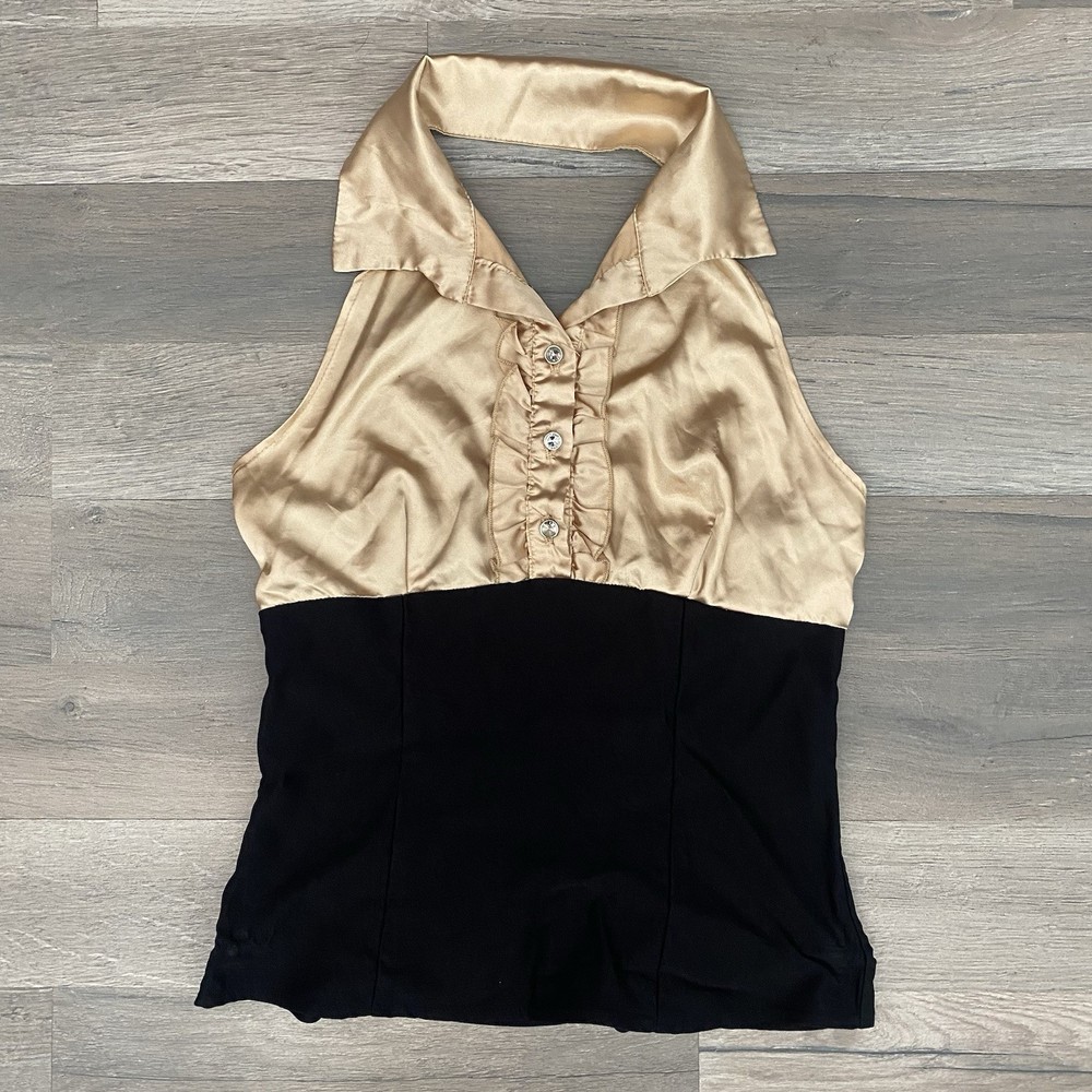Vintage Y2K Satin Halter Top Black Gold Rhinestone Button Collared Blouse