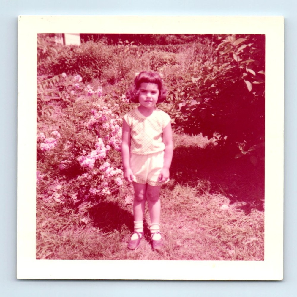 Old Vintage Square Color Photo SOLO GIRL IN GARDEN YARD FLOWERS SNAPSHOT PIC