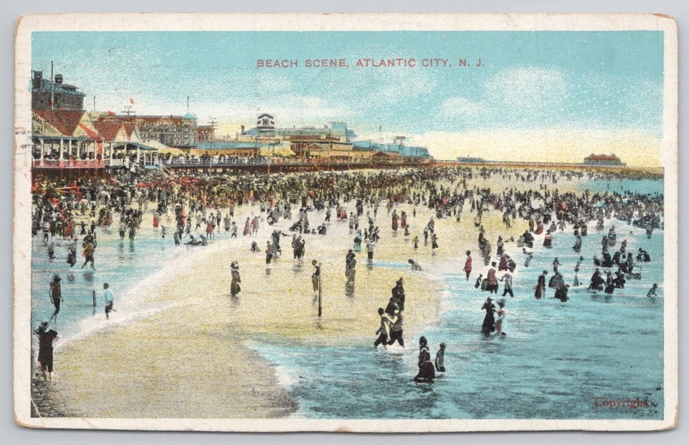 1910 ATLANTIC CITY NJ Beach Scene Postcard Crowded Shoreline German Print