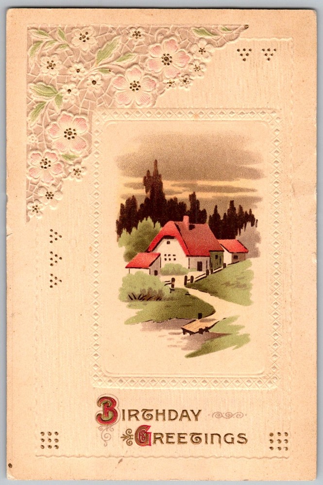 Antique Postcard Birthday Greetings Cottage Scene 1910s
