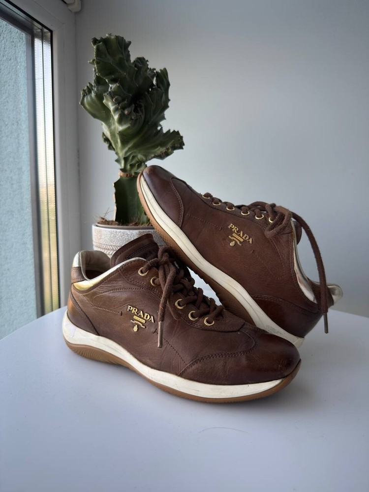 Prada America’s Cup Rich Brown Leather Sneakers Womens Size 36