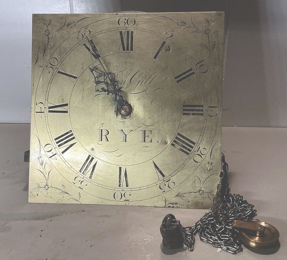 ATQ.1790,Brass Clock Face & Mechanism For Longcase Clock By Dan Gill,Rye,Eng.