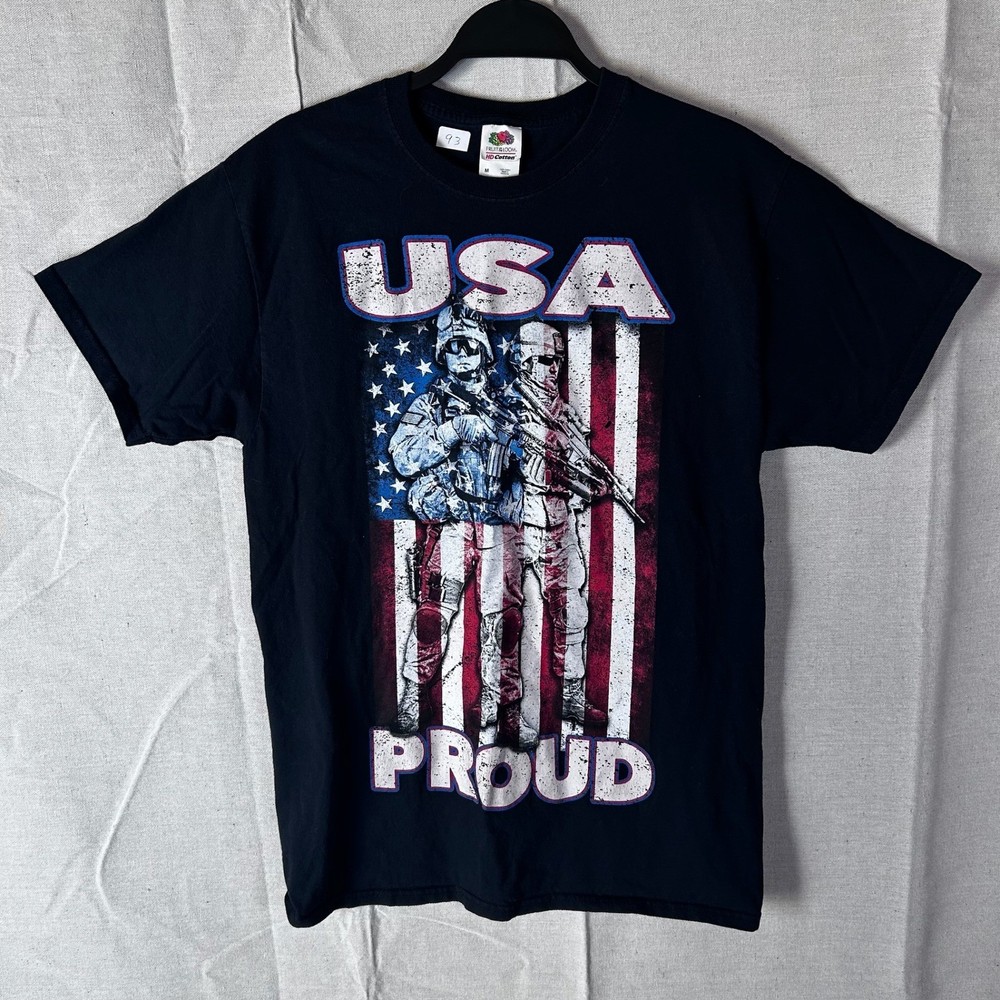 Fruit of the Loom USA Proud Military Graphic T-Shirt Mens Medium Black Flag