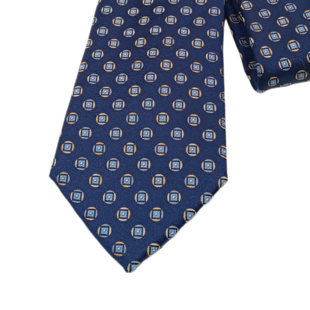 Geoffrey Beene Silk Tie Men’s XL 63” Blue Yellow Geometric Circle Classic New