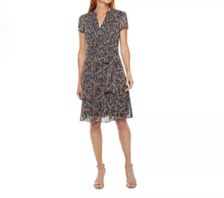 MSK  SZ 16 Dress Pleated Lined Fit & Flare Blue Floral Chiffon Midi Smocked