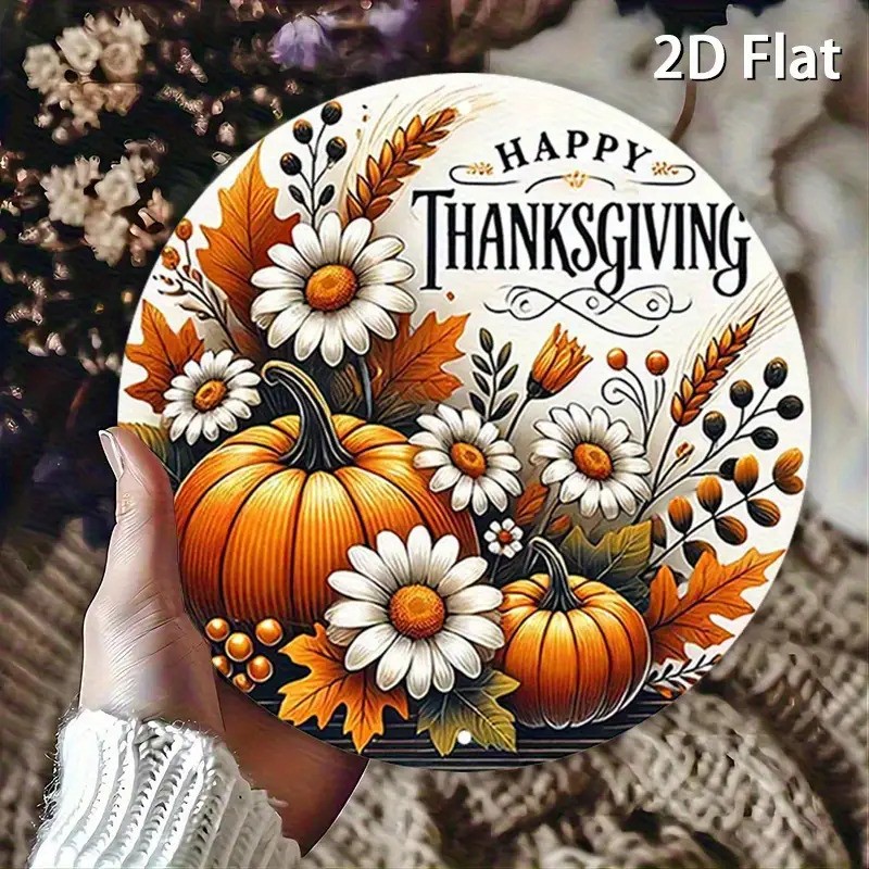 Thanksgiving Pumpkin Floral Happy Text Round Aluminum Sign