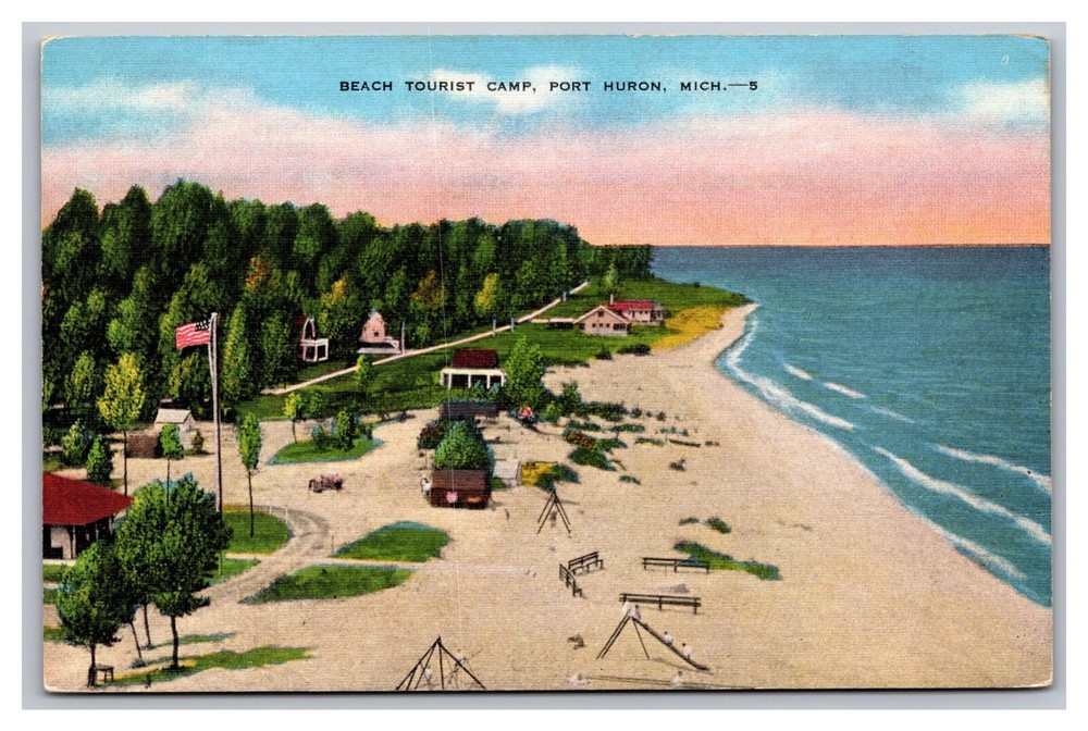 Port Huron Michigan MI Beach Tourist Camp Lake Aerial View Linen Unp Postcard