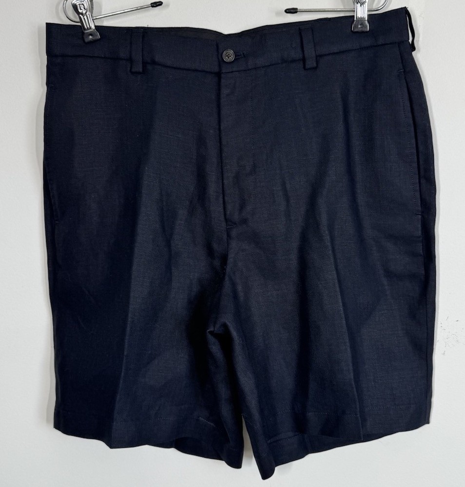 Brooks Brothers Men's Irish Linen Flat Front Shorts Size 34x9 Navy Blue Classic